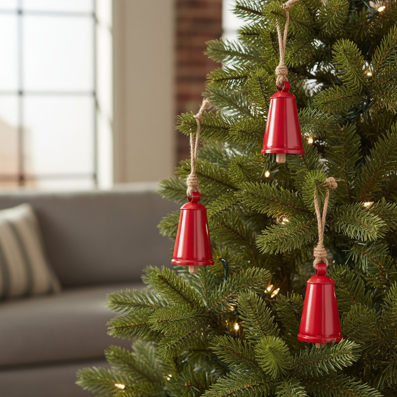 Ensemble de quatre ornements en forme de cloche de Noël rouges et naturels