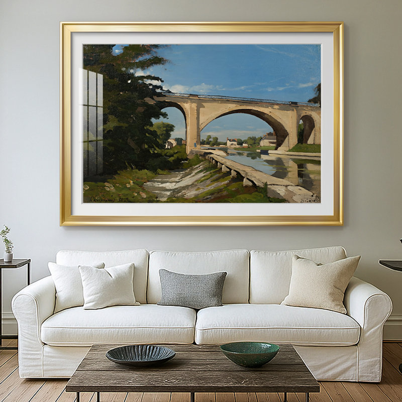 Le pont de Briare - Henri Harpignies - reproduction encadrée avec passe-partout et verre - 1888, 26,5 x 36,5, Or