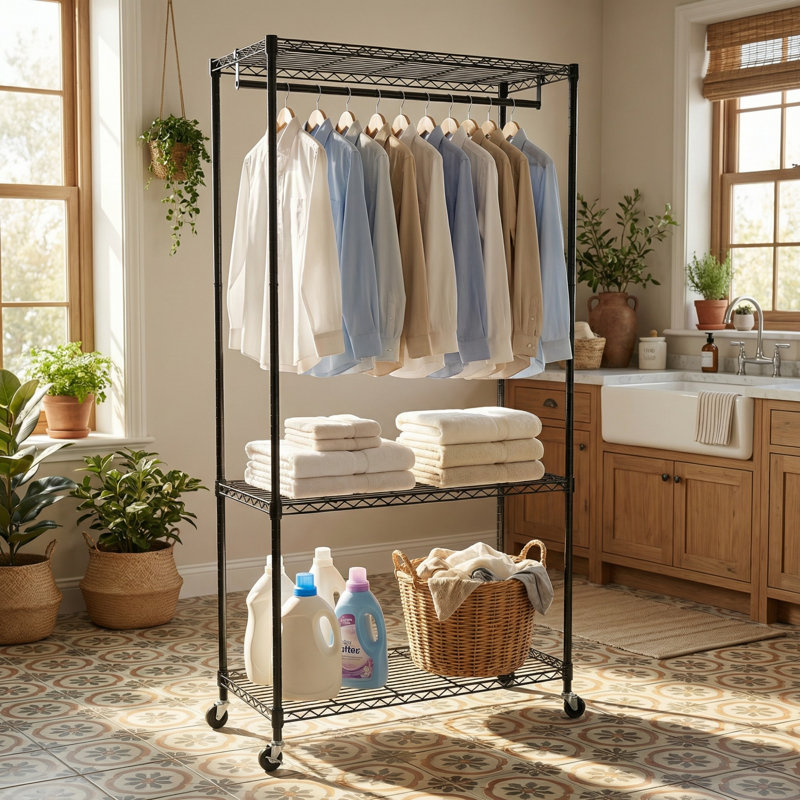 Rolling Clothes Rack, Garment Rack, Heavy Duty Garment Rack, Freestanding Clothes Rack, Closet Organizer And Storage, Black