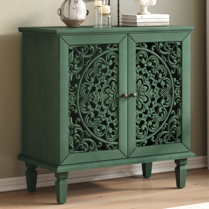 Vintage Hollow-Carved Accent Cabinet, 2-Door Display Storage Sideboard With Symmetrical Floral Design, Adjustable Shelf And Solid Wood Legs For Living Room Entryway(Antique Green)