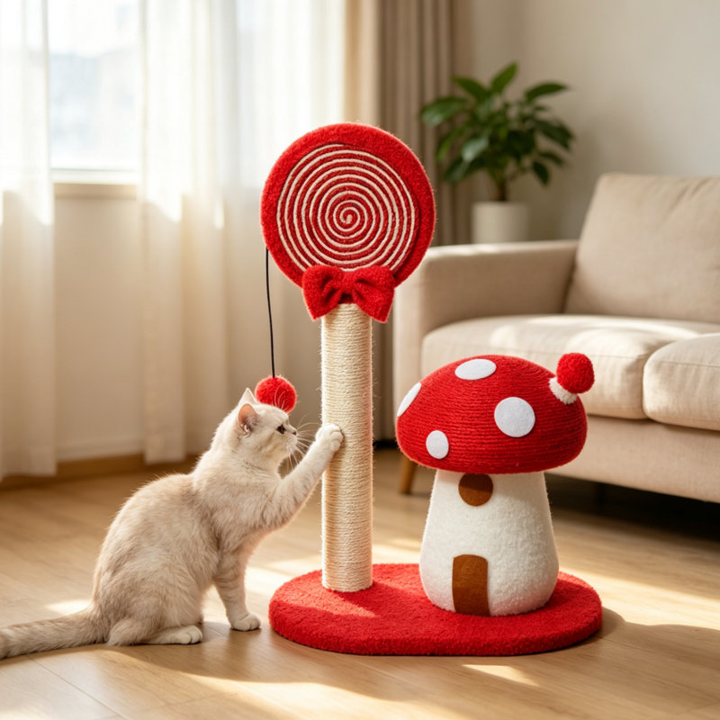 Grattoir à champignon avec tour en corde de sisal et jouet suspendu interactif, Rouge