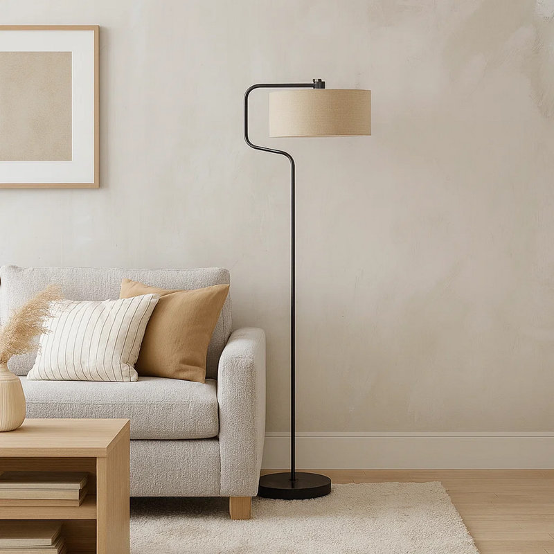 Orion Floor Lamp, Arched C-Shaped Arm, Beige Drum Shade, Black Metal