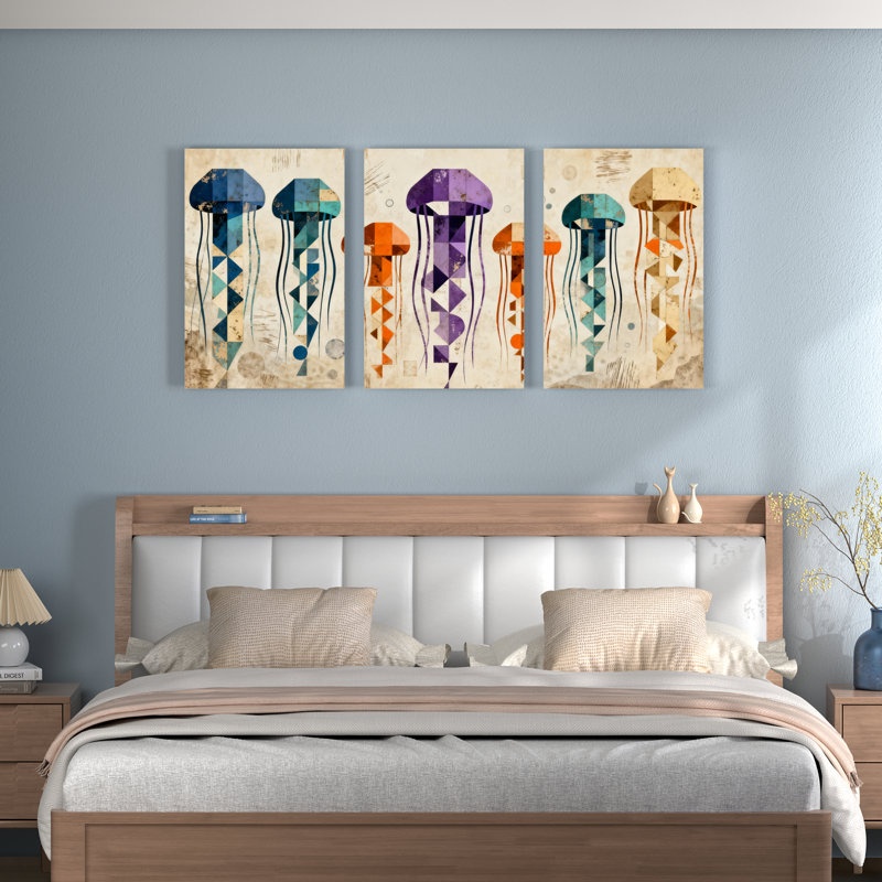 Tableau abstrait géométrique à motif de méduses sur toile tendue, style bohème moderne (lot de 3), H 18 po x l 36 po