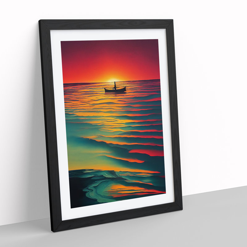 Boat And The Ocean Sunset - Print, 48cm H x 36cm W, Black Framed, White