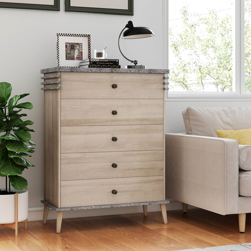 Commode 5 tiroirs avec pieds en bois d'hévéa