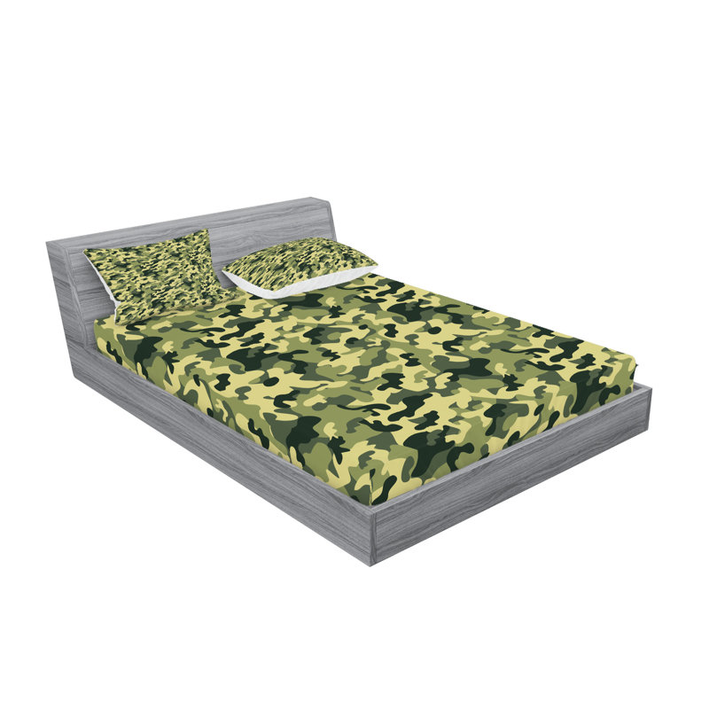 Drap-housse et coussin décoratif camouflage Ambesonne - vert / jaune, Ensemble de draps pour très grand lit + 5 pièces