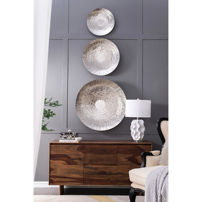 De 3 disques texturés argentés surdimensionnés, décoration murale pour salon, chambre à coucher, vestibule, bureau, finition décorative en acier inoxydable