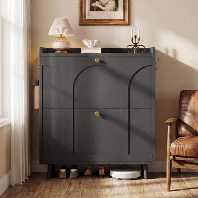 Armoire à chaussures avec 2 tiroirs rabattables pour le vestibule, armoire à chaussures avec tablette supérieure ouverte, crochets latéraux, étagère à chaussures dissimulée pour le vestibule, couloir, brun