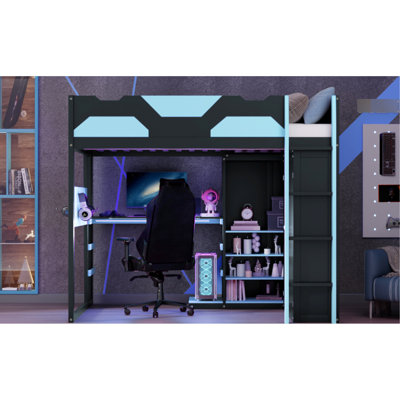 Lit mezzanine en bois pleine grandeur bleu nuage avec lumières, charge, multi-rangement et support pour une chambre organisée efficace