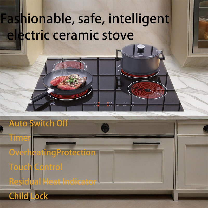 Karinear 4 Burner Electric Cooktop 24 Inch 6000W 9-Level Power