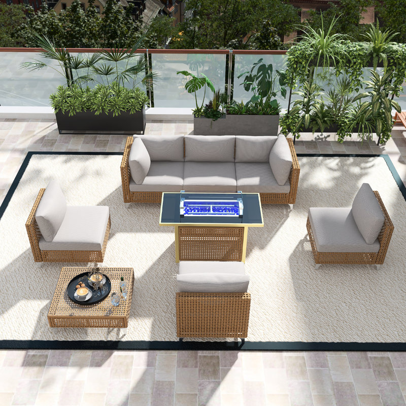 Ensemble de conversation modulaire d'extérieur 8 pièces, ensemble de mobilier de patio avec table de foyer 43 po, table basse, coussin amovible, facile à installer