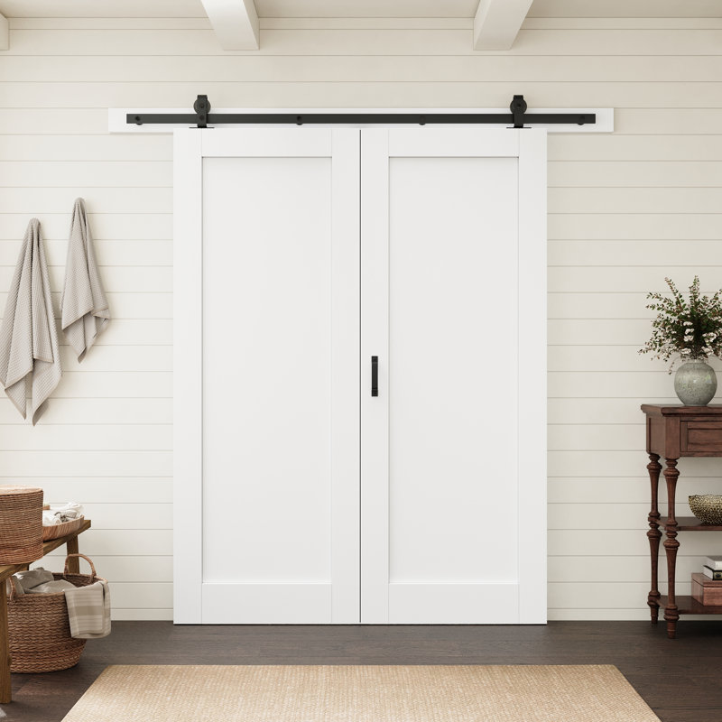 56“ x 80” Interior 1 Panel Solid Core Primed Prefinished Standard Slab Door With Bifold Barn Doors Hardware Kit, 56" x 80"