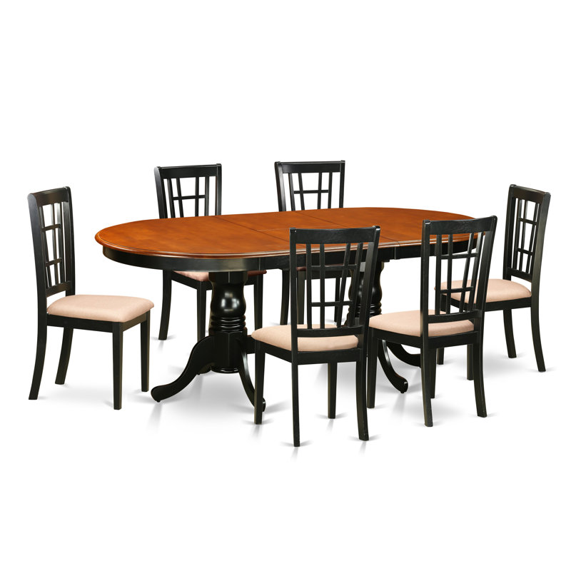 Ensemble de mobilier de salle à manger 7 pièces composé d'une table de cuisine ovale avec rallonge papillon et 6 chaises en tissu de lin, noir et cerise