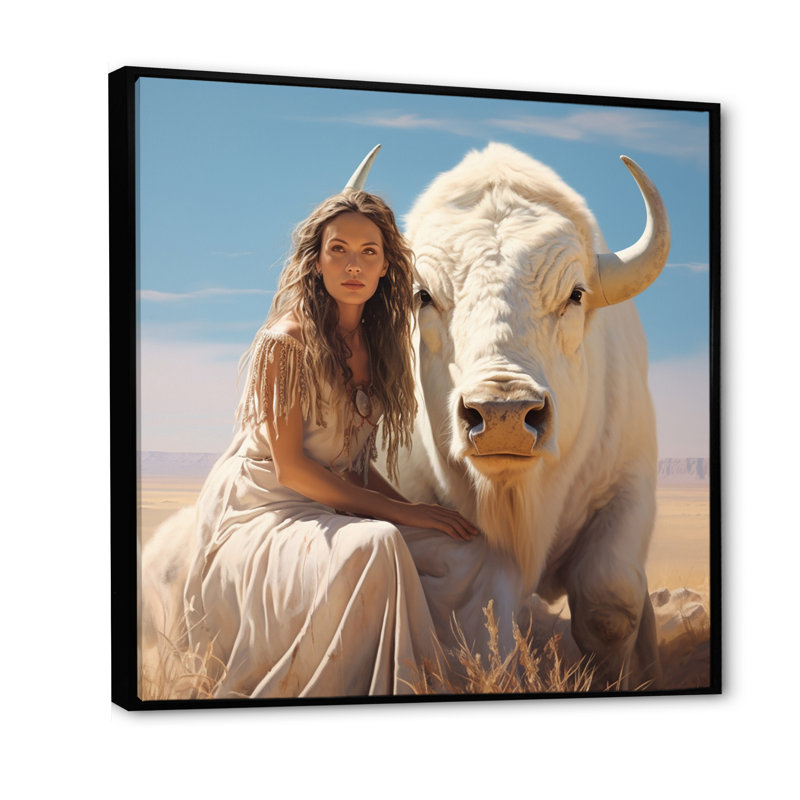 «White Buffola Calf Native Woman» sur toile, Cadre flottant noir, H 24 po x l 24 po x P 1 po