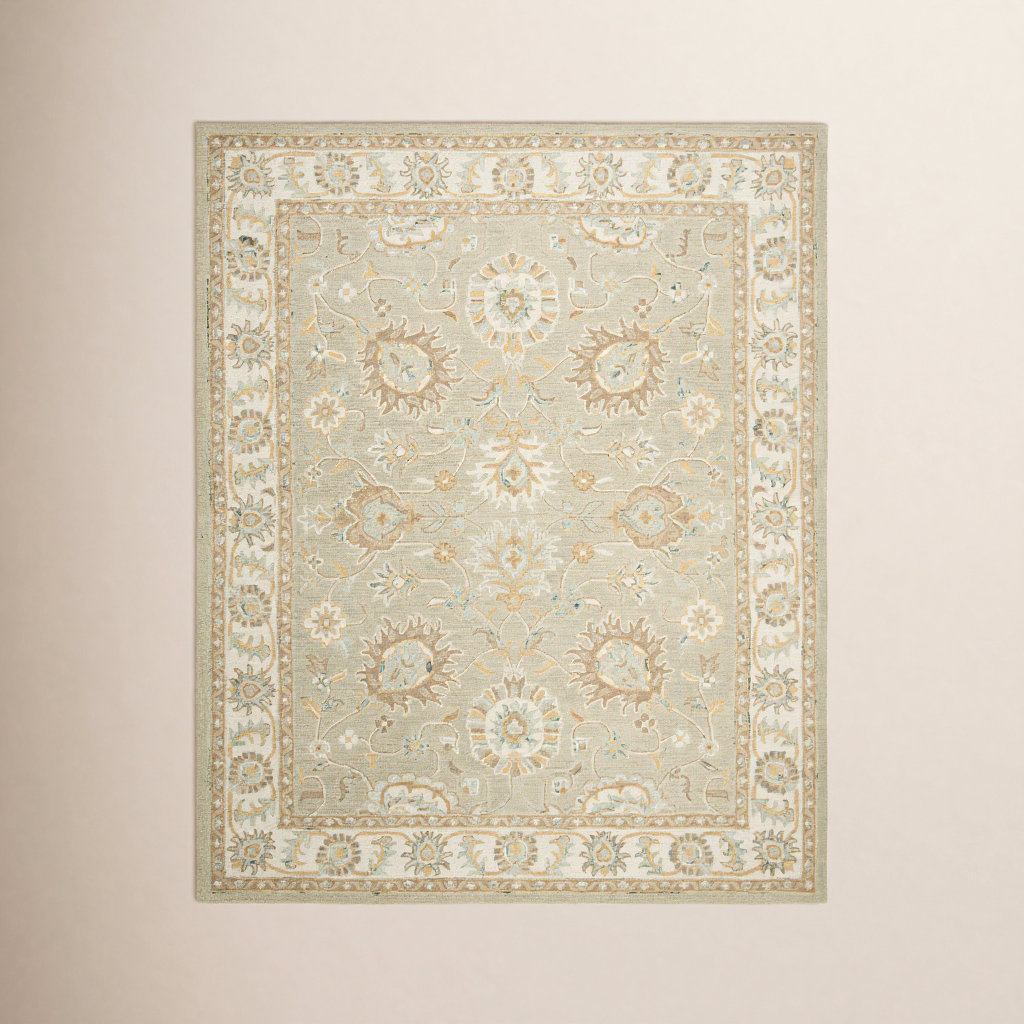 Desmondia Sage Ivory Hand-Tufted Wool Oriental Rug, Rectangle 5' x 8'