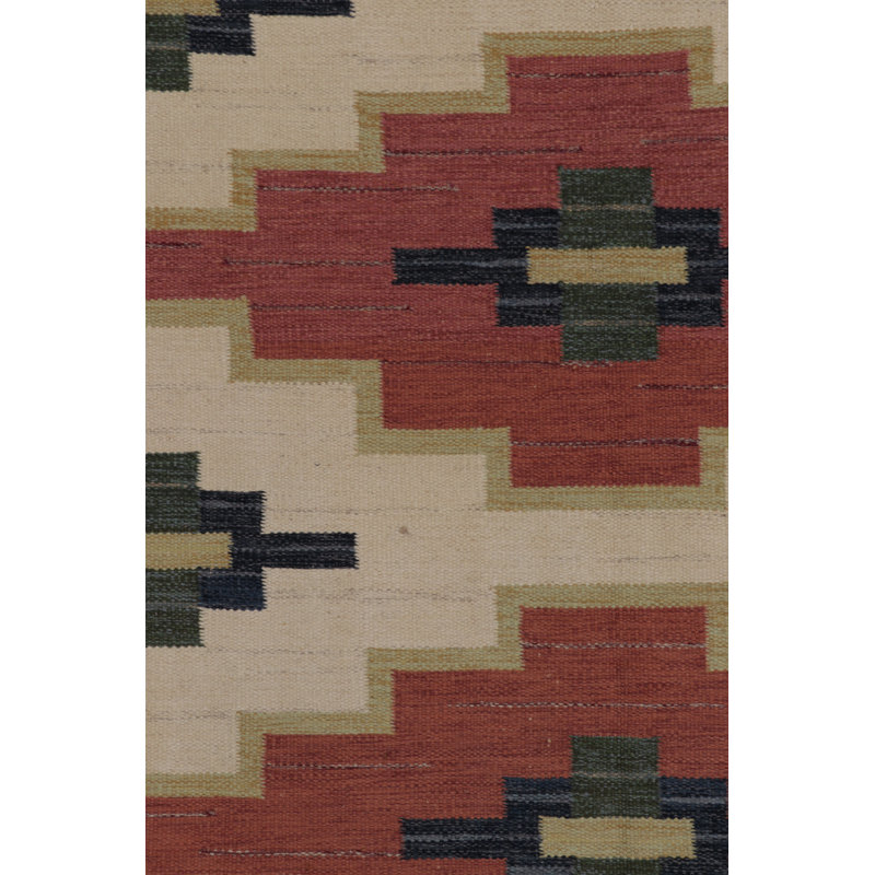 Vintage Swedish Rya Flatweave, Beige With Red Geometric Medallion - Rug & Kilim