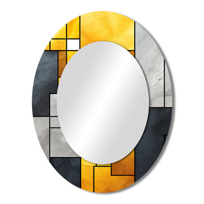 Jaune et gris géométrique Fusion 5 - miroir décoratif ovale abstrait sur métal