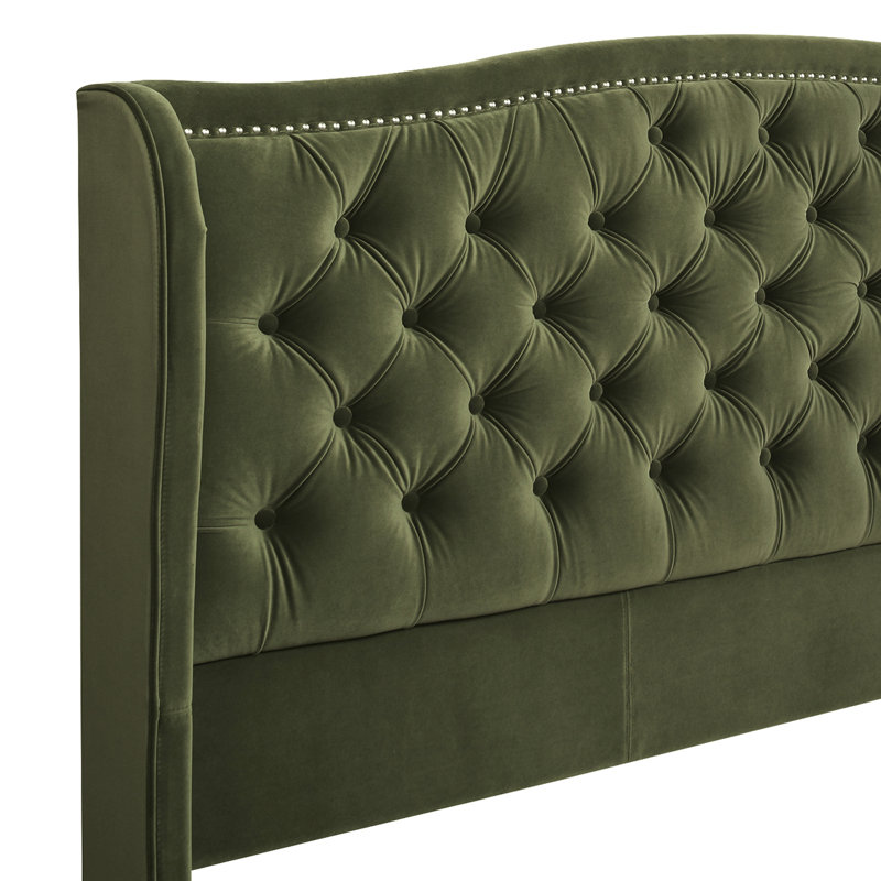 Coleman Upholstered Wingback Bed, King, Olive Green Velvet