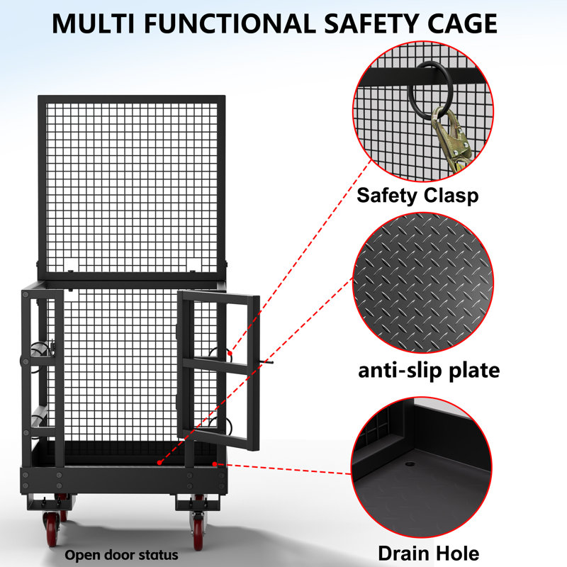 Cage de protection pour chariot élévateur, panier de chariot élévateur pour charge de 1400 lb, plateforme de travail de 36,2 po x 36,2 po avec verrou de protection, trou de bonde et roues pivotantes à 360 ° et panier à outils, parfait pour le travail aérien