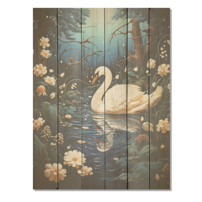 Swan In The Night - Swans Wood Art On Natural Pine Wood