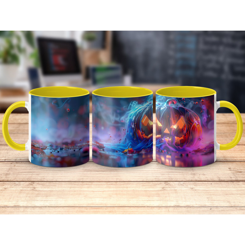 3D Design 11oz Accent Mugs – Ceramic Coffee Cup with a Yellow Handle and Interior