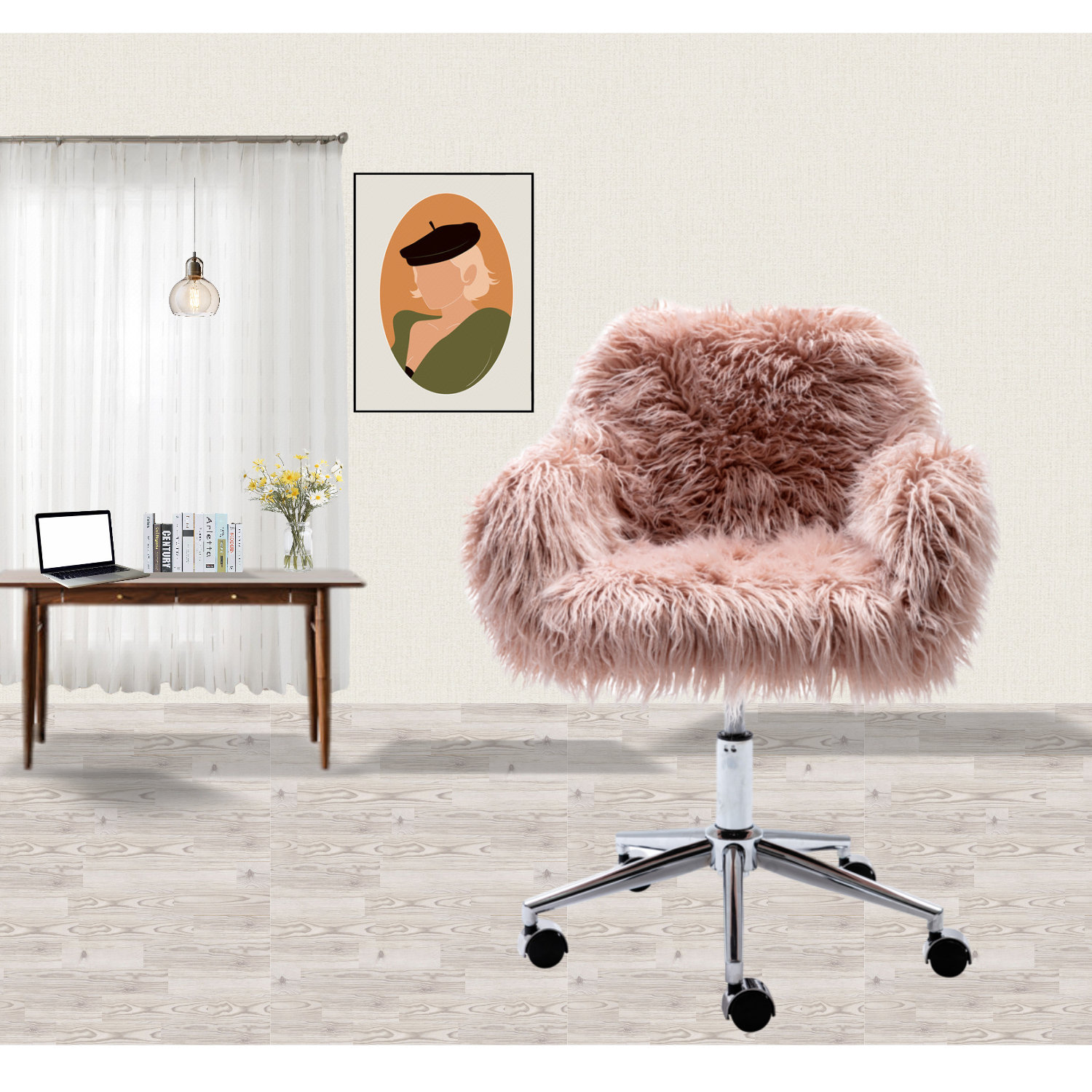 Pink fluffy computer online chair