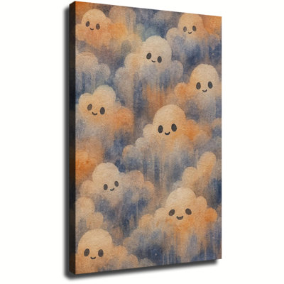 Watercolor Cute Cloud Ghost Canvas Wall Art, Soft Tone Halloween Ghost Art Print, Vintage Fall Season Home Wall Decor For Farmhouse Room