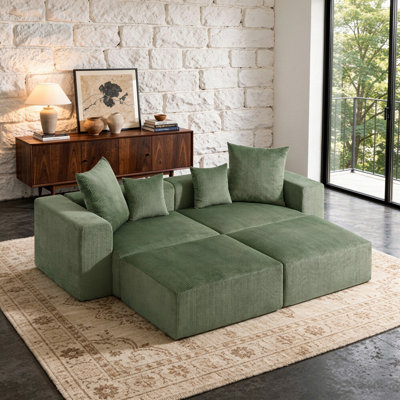 4-Piece Upholstered Green Corduroy Modular Sectional Sofa with Movable Ottoman – Fully Compressed, No Assembly Required