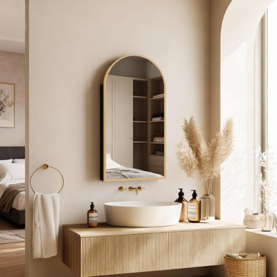 Arched Wall-Mounted Mirrored Medicine Cabinet With Storage & Built-In Outlet, Adjustable Shelves