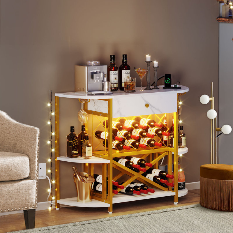 Amata 47.4'' Bar Cabinet with LED Lights and Power Outlets, Wine Cabinet with Wine Racks and Glass Holders, White/Gold