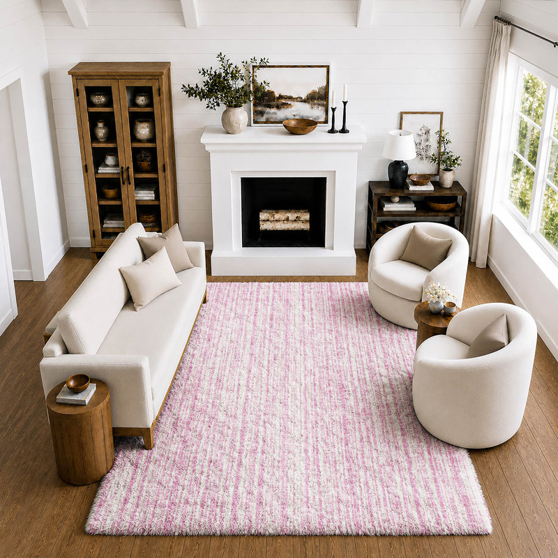 Tapis à rayures Shaggy Dream lavable à la machine de qualité supérieure, Pink, 10' x 14'