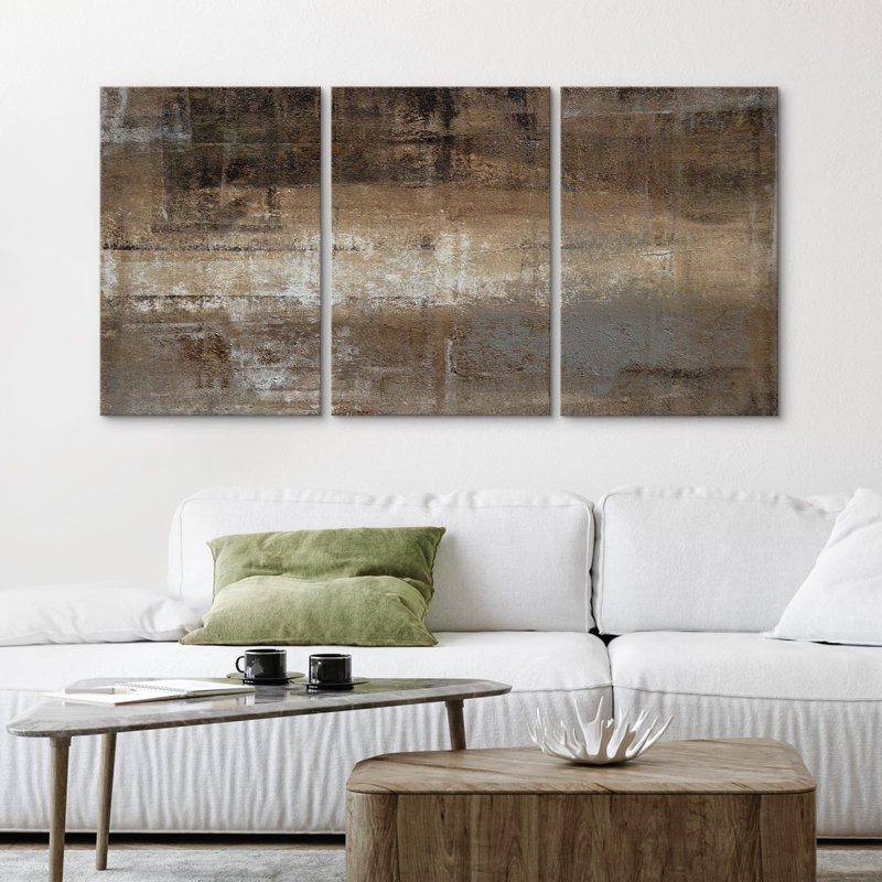 «Bown And White Faded Grunge Color Field Abstract Shapes Modern Art Chic Ultra on Canvas», reproduction de 3 pièces