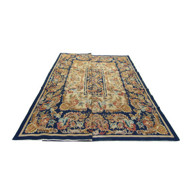 Tapis tissé à la main et à plat - bleu marine - brun, 7 pi 3 po x 9 pi 6 po