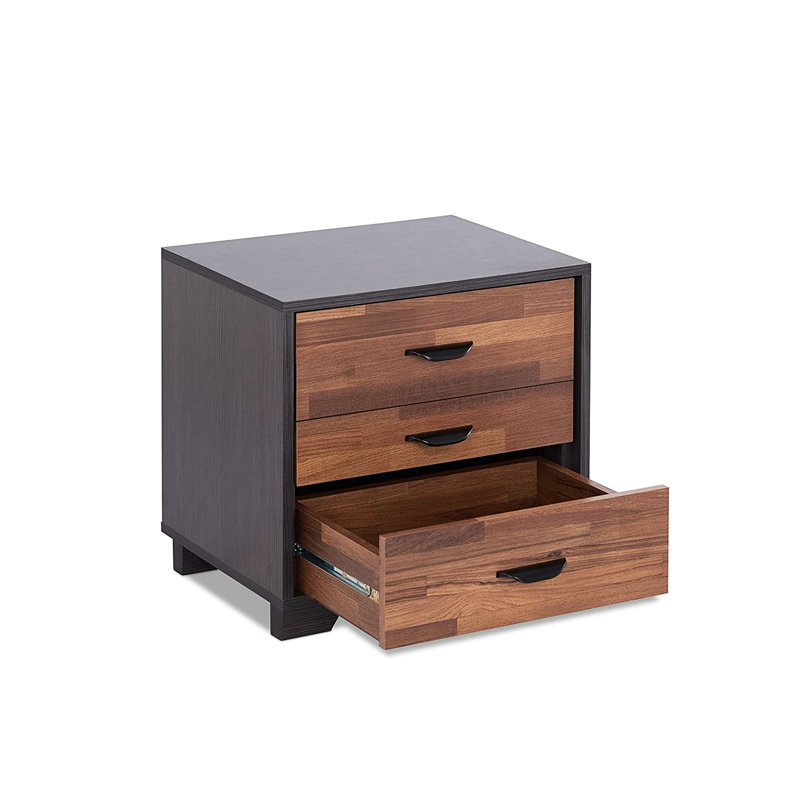 Table de chevet bicolore avec 3 tiroirs en noyer