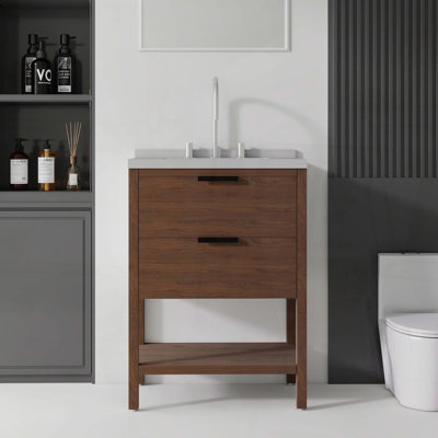 Meuble-lavabo autoportant avec lavabo, tiroir à fermeture amortie et comptoir en marbre reconstitué blanc granit de 5 cm avec dosseret, contreplaqué, brun
