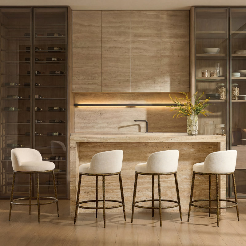Gelder 26.5" Modern Glam Upholstered Bar Stool with Hammered Metal Legs & Curved Low Back for Kitchen Island, Gold Hammered