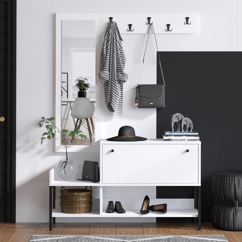 Modern Shoe Cabinet, White & Black, 47.2 x 27.6 x 13.8 inches | 100% Melamine Coated Particle Board, Thickness: 0.7 inches | Stylish Storage Solution for Entryway, Durable & Elegant Design, Space-Saving Organization