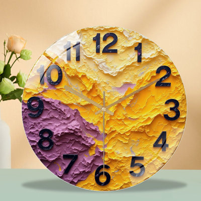 Yellow Purple Textured Wall Clock Modern Home Decor Art - 12'' Modern Glass Wall Clock