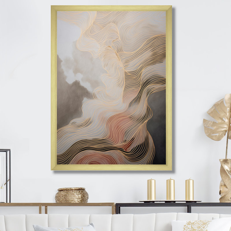 «Gold and Gray Linear Expressions I», impressions sur toile encadrées, Encadrement doré, H 32 po x l 16 po x P 1 po