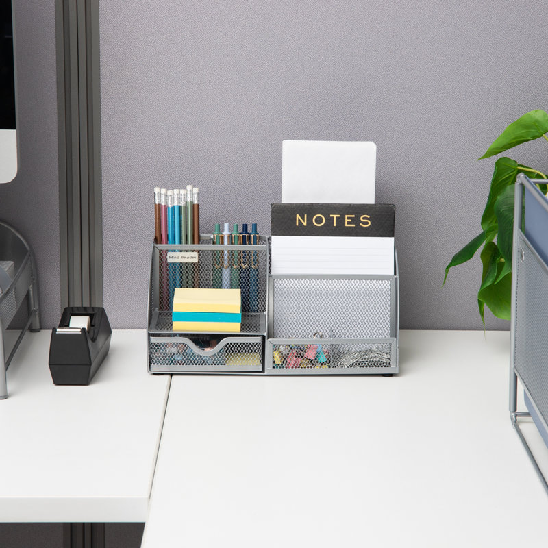 Silver Metal Mesh Multifunctional Desktop Organizer with 7 Compartments