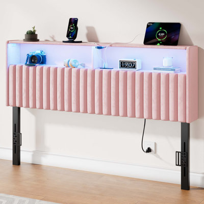 Berte Storage Upholstered Headboard With RGB LED Lights & Charging Station