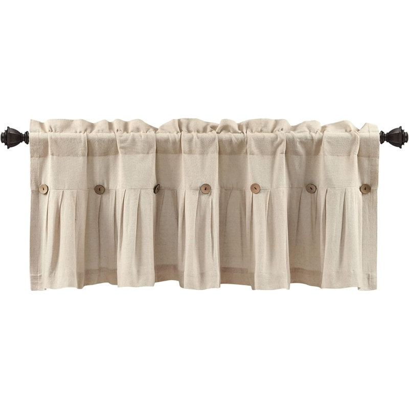 Linen Button Farmhouse Valance, 52" W X 18" L, & - Rustic Kitchen Valance For Windows - Pleated Color Block Design With Coconut Husk Button Detail - Kitchen Curtains Valance