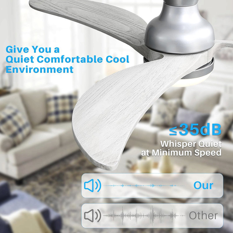 52 Inch Modern Ceiling Fan With 3 Color Dimmable Solid Wood  Blades Remote Control Reversible Dc Motor For Bedroom, Silver