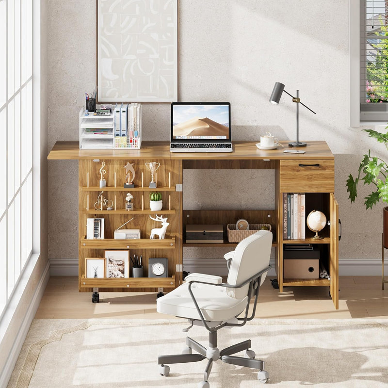 Table de couture pliante avec rangement, table de machine à coudre avec tiroir coulissant et armoire, poste de travail polyvalent avec roues verrouillables et tablettes réglables pour la maison