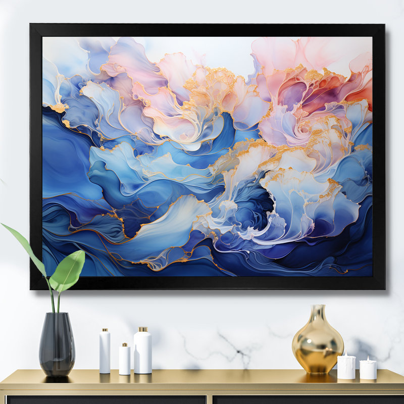 Rêve d'encre rose et bleue sur toile, Cadre simple noir, H 16 po x l 32 po x P 1 po