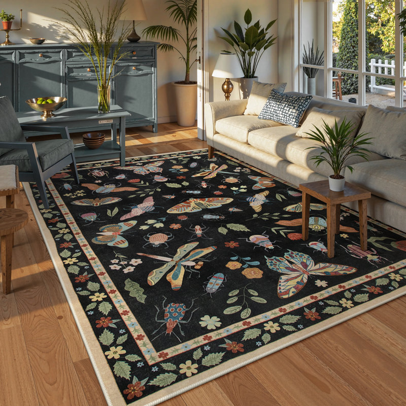 Insect Print Washable Rugs for Living Room Ultra-Thin Non-Slip Modern Bedroom Large Carpet, Rectangle 5' x 7'