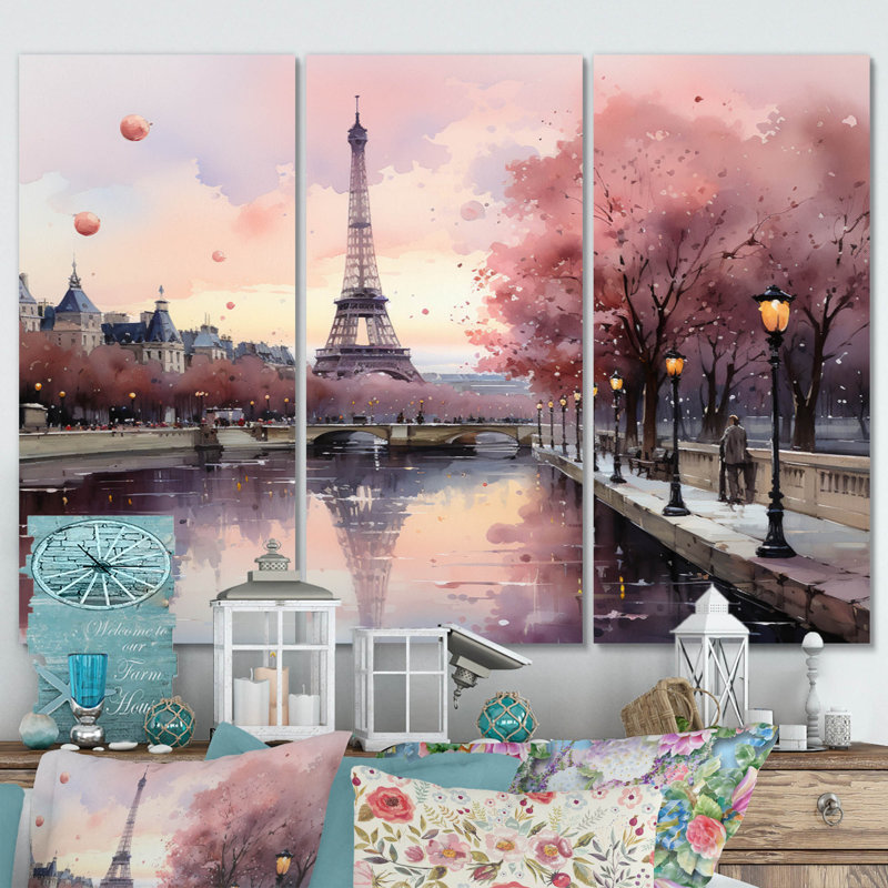 «Pink Twilight Rendezvous In Paris II», reproduction sur toile 3 pièces, H 40 po x l 60 po