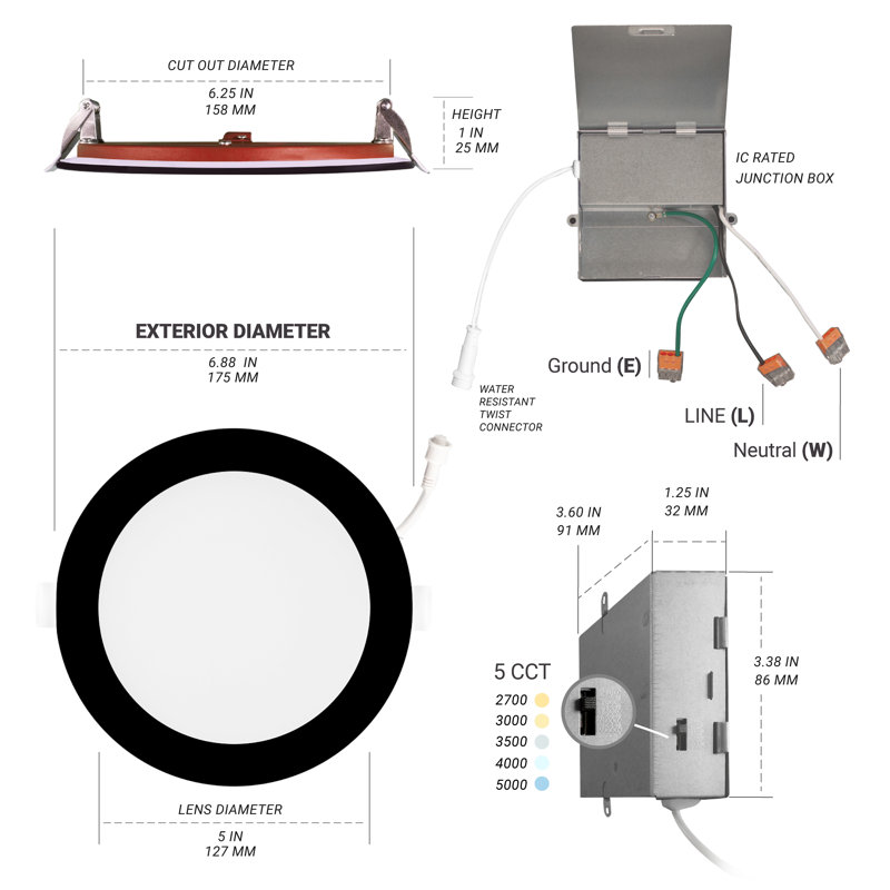 Éclairage encastré à DEL au feu de 6 po et 2 heures NUWATT, sélectionnable 2700K / 3000K / 3500K / 4000K / 5000K, 1200 lumens, lumière Canless à intensité variable, homologué IC, 6 lumières de feu noir résistantes au feu, sans tenmat nécessaire