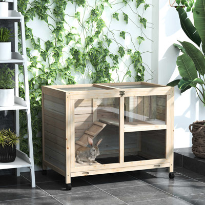 Cage à lapin d'intérieur avec roues mobiles - Bois naturel, imperméable, compacte