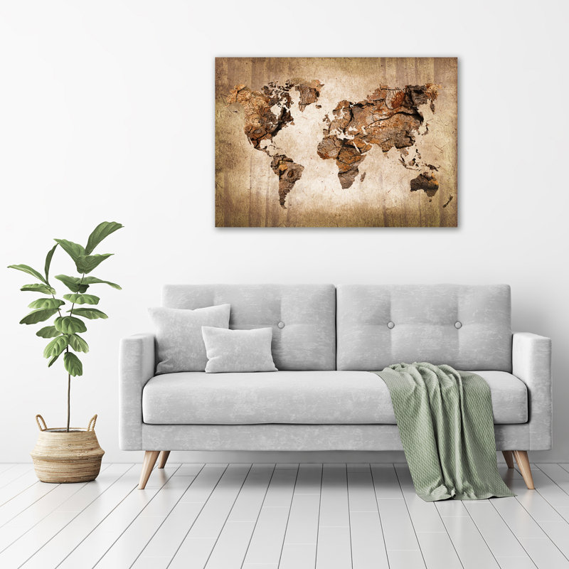 Glass Print Wall Art 100X70cm Image Printed On Glass Decorative Wall Picture Behind Toughened / Tempered Safety Real Glass For Kitchen & Living Room Theme:World Map Wood